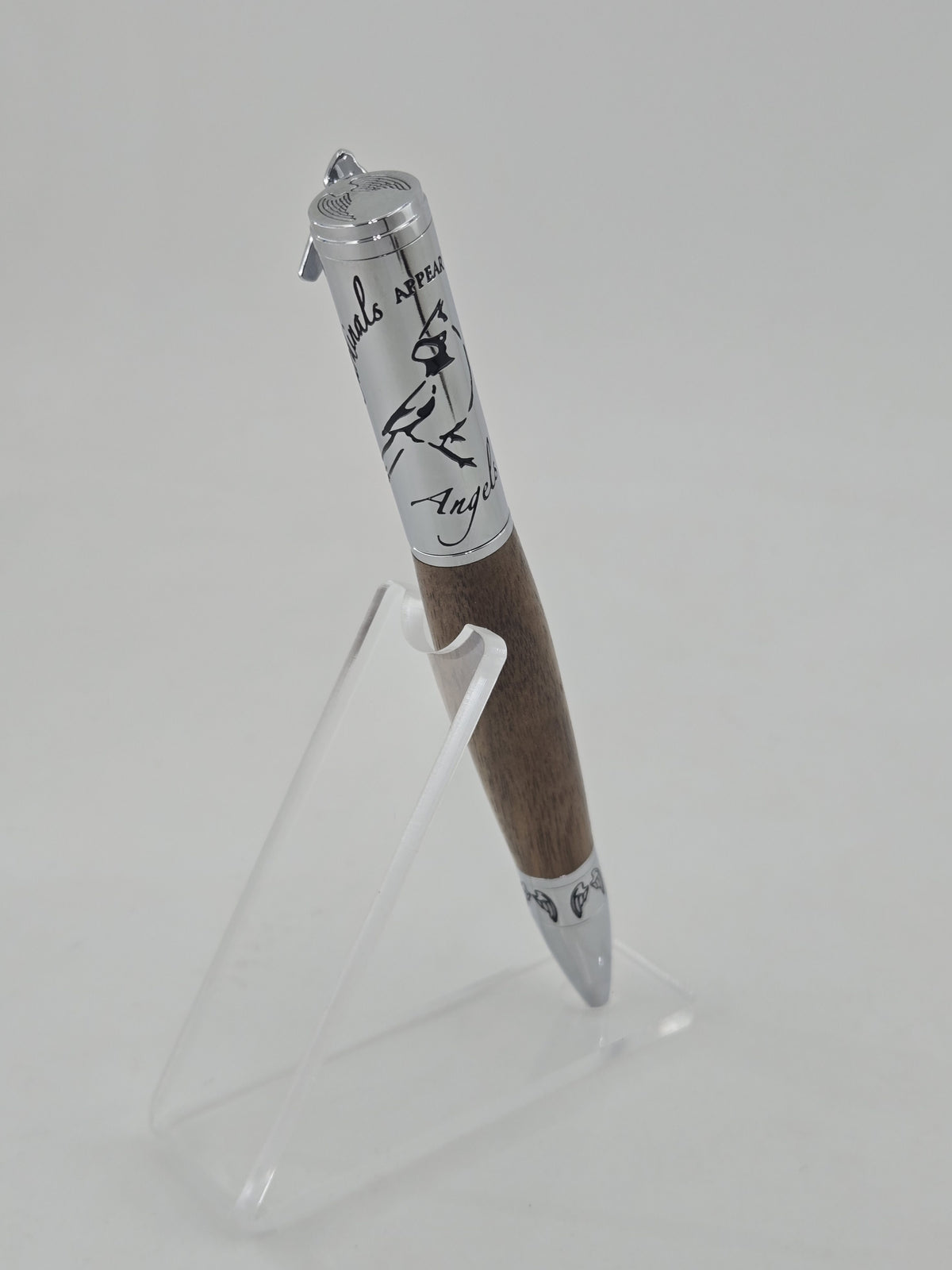 Heavenly Messenger Cardinal Pen – Hand-Turned Twist Pen with Angel Wings - Walnut Wood, Chrome