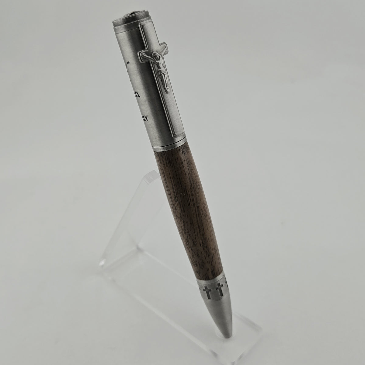 John 3:16 Twist Pen – Hand-Turned Scripture Pen with Crucifix Clip and Praying Hands - Walnut Wood, Antique Pewter