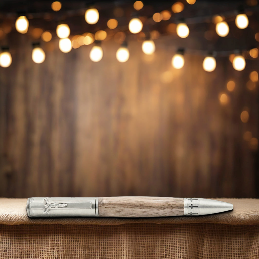 John 3:16 Twist Pen – Hand-Turned Scripture Pen with Crucifix Clip and Praying Hands - Walnut Wood, Antique Pewter