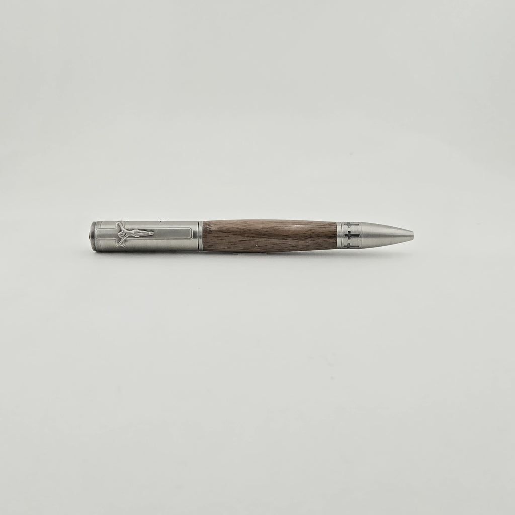 John 3:16 Twist Pen – Hand-Turned Scripture Pen with Crucifix Clip and Praying Hands - Walnut Wood, Antique Pewter