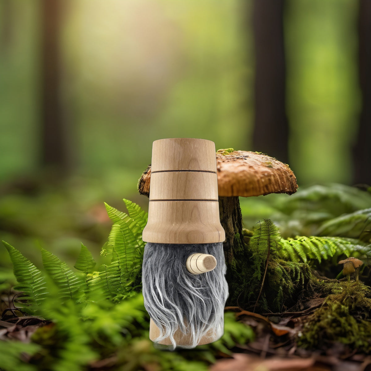 Hand-Turned Wooden Gnome – Whimsical Woodland Charm for Any Shelf - Cherry wood, grey beard, tall banded hat (A)