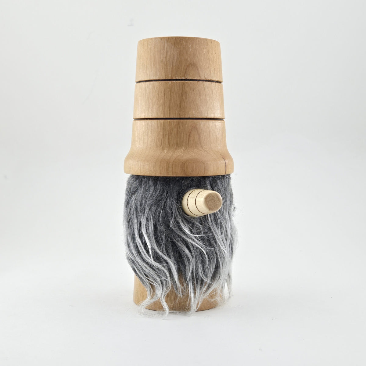 Hand-Turned Wooden Gnome – Whimsical Woodland Charm for Any Shelf - Cherry wood, grey beard, tall banded hat (A)