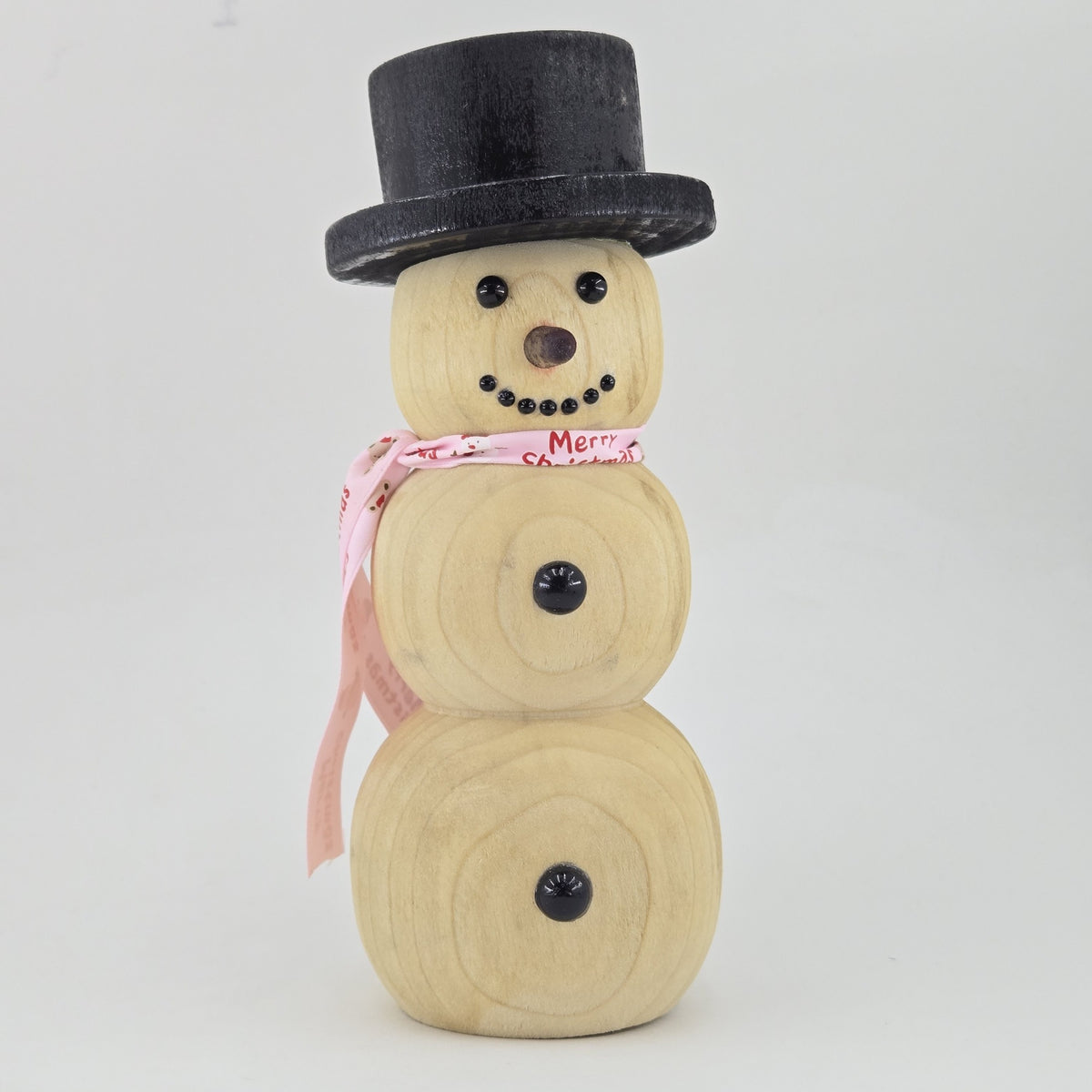 Hand-Turned Wooden Snowman – Lathe-Turned Christmas Decor with a Ribbon Scarf - Pink scarf, tilted hat