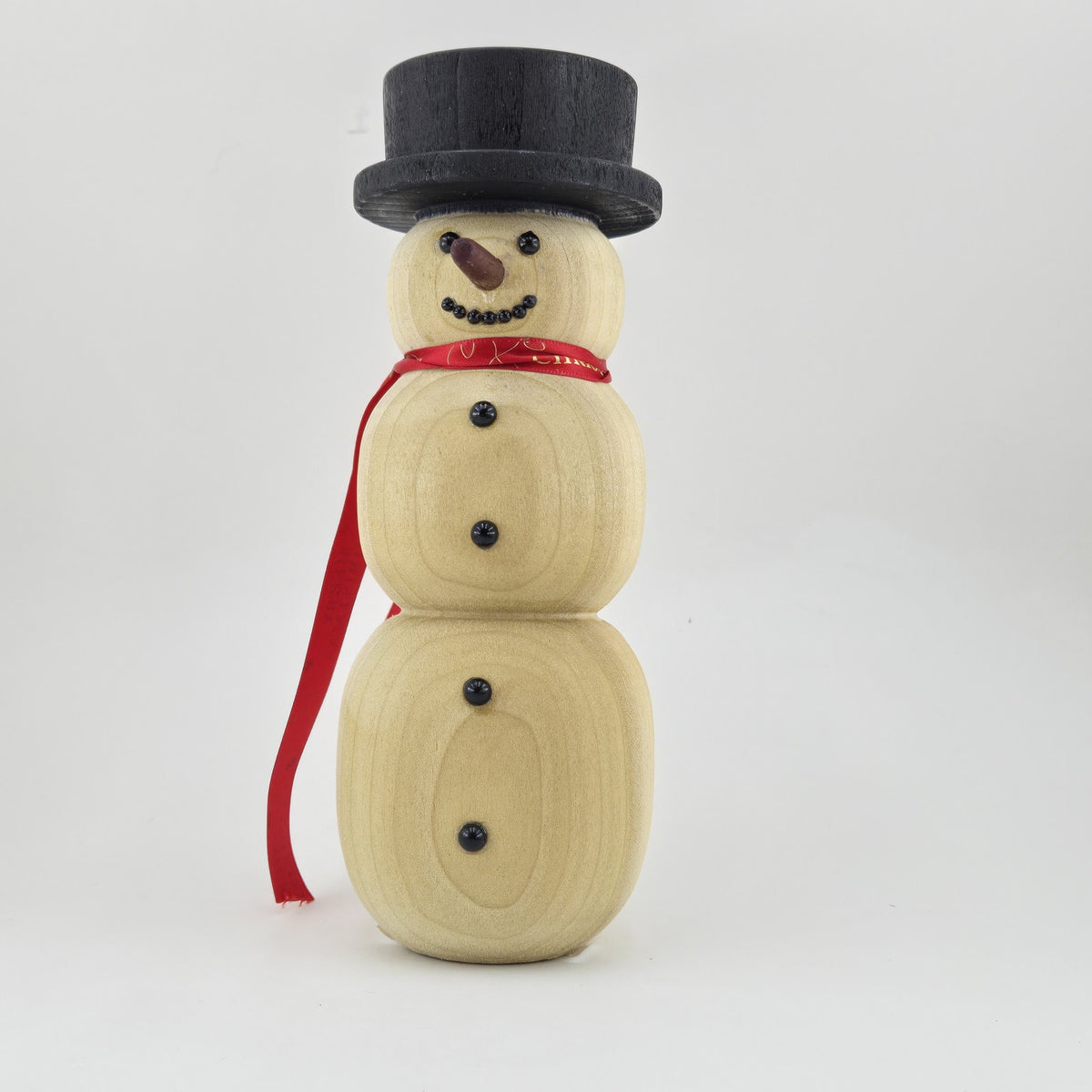 Hand-Turned Wooden Snowman – Lathe-Turned Christmas Decor with a Ribbon Scarf - Red scarf, one-piece hat