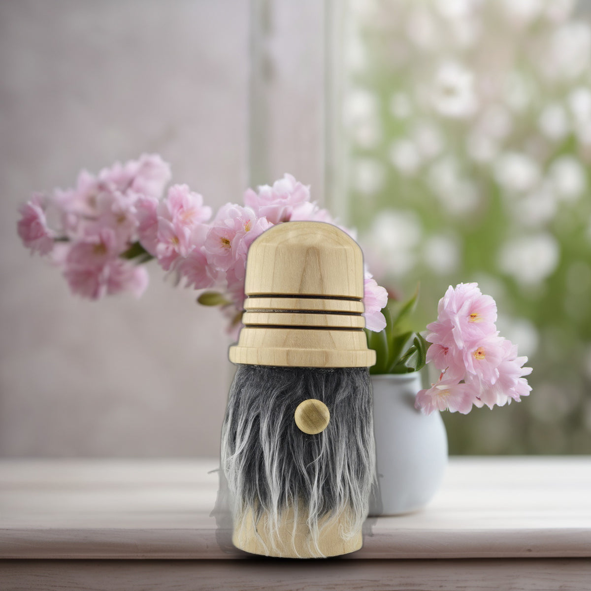 Hand-Turned Wooden Gnome – Whimsical Woodland Charm for Any Shelf - Poplar wood, grey beard, domed hat (A)