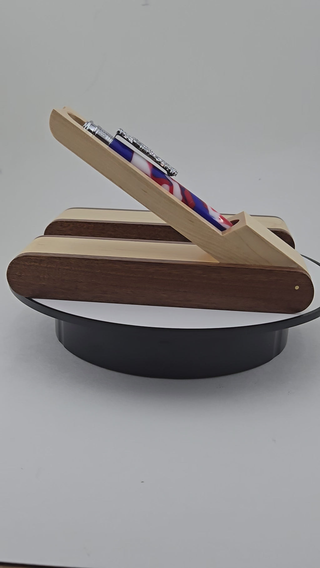 Two-tone maple and apitong pen display box opening