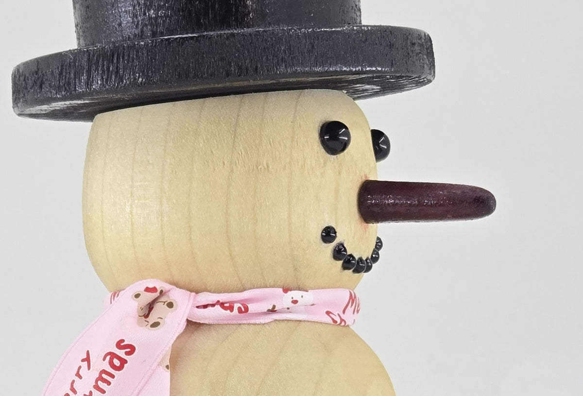 Hand-Turned Wooden Snowman – Lathe-Turned Christmas Decor with a Ribbon Scarf