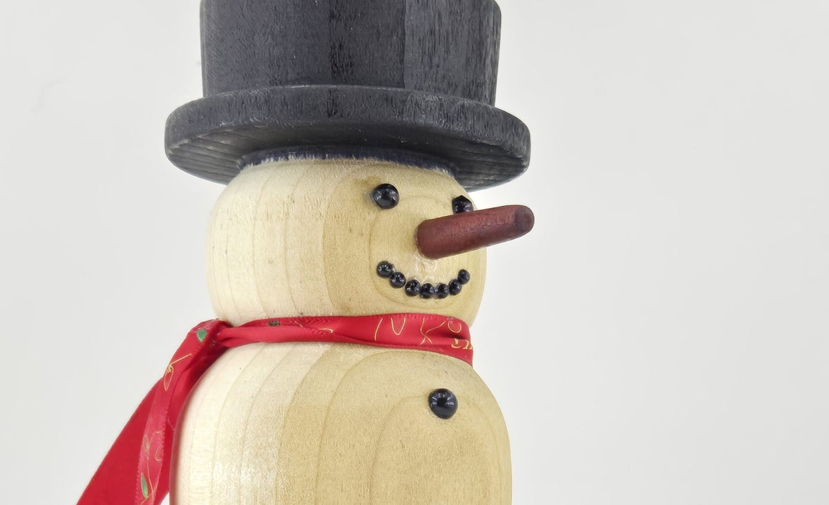 Hand-Turned Wooden Snowman – Lathe-Turned Christmas Decor with a Ribbon Scarf